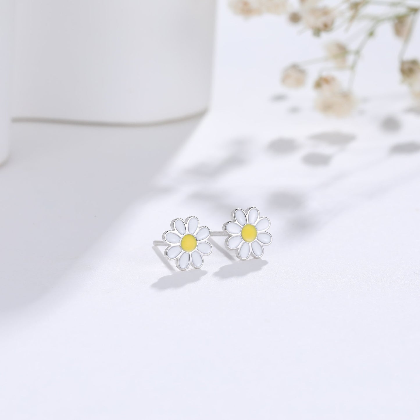 Enamel Daisy Flower Stud Earrings in Sterling Silver, Daisy Flower Earrings,  Tiny Flower Earrings