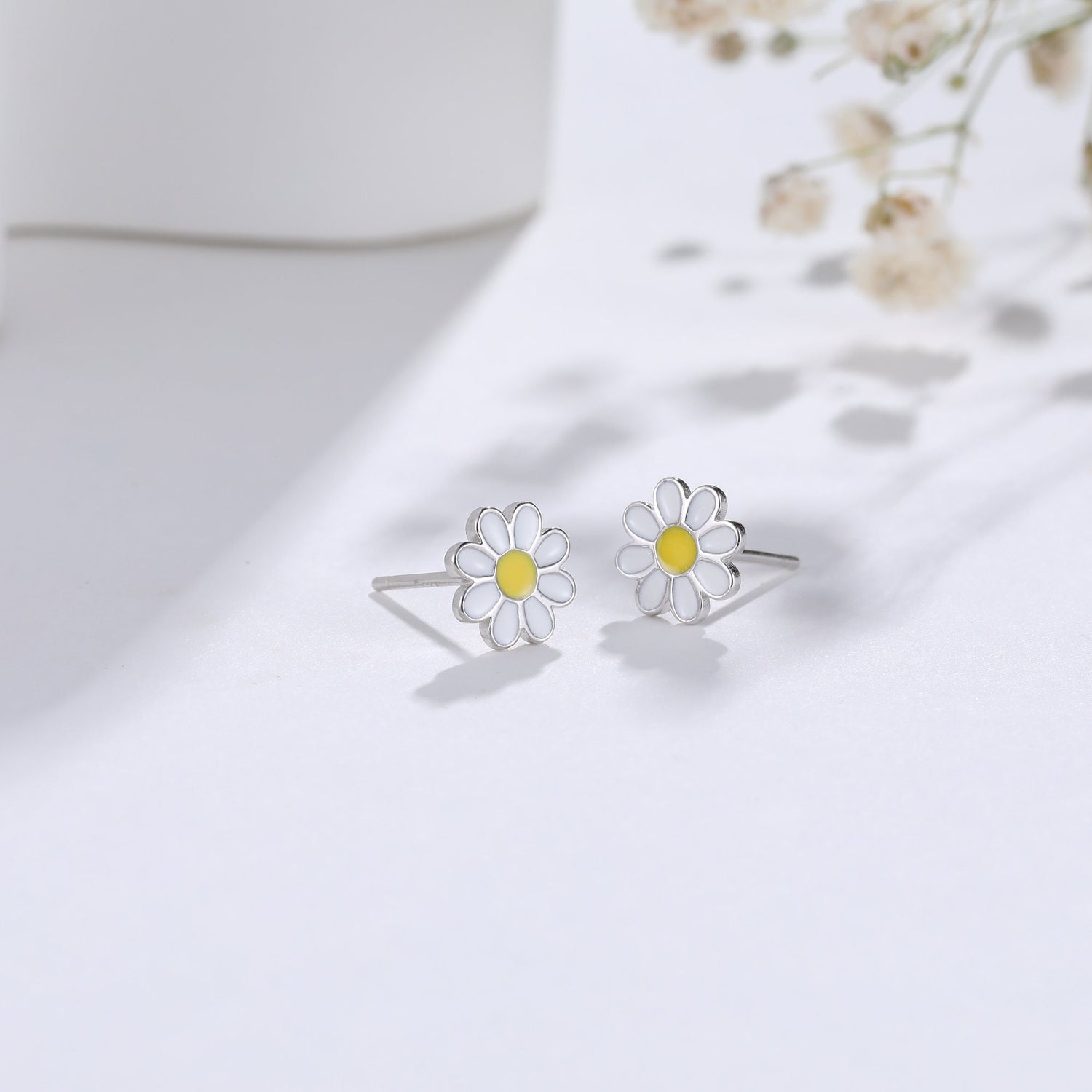 Enamel Daisy Flower Stud Earrings in Sterling Silver, Daisy Flower Earrings, Tiny Flower Earrings