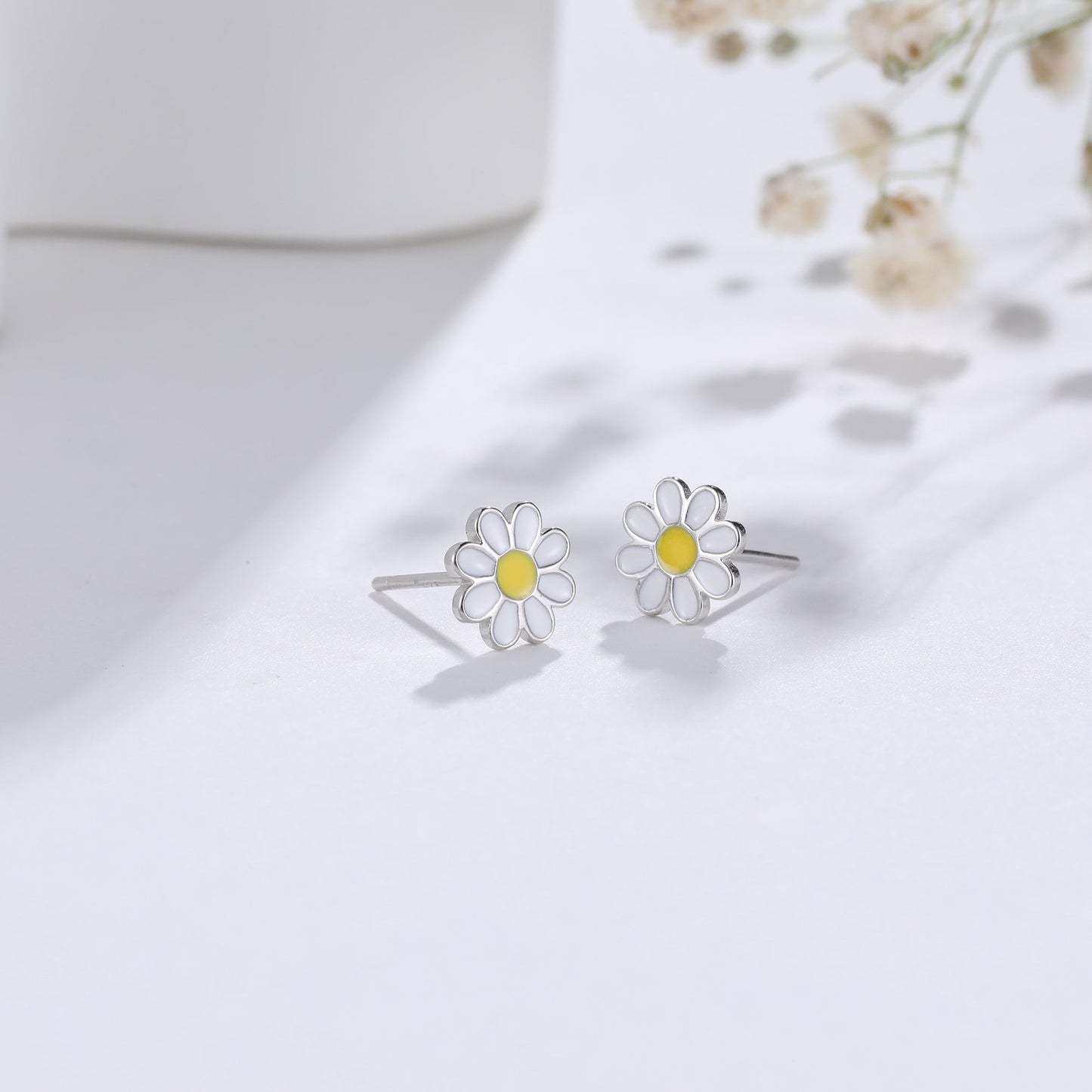 Enamel Daisy Flower Stud Earrings in Sterling Silver, Daisy Flower Earrings,  Tiny Flower Earrings