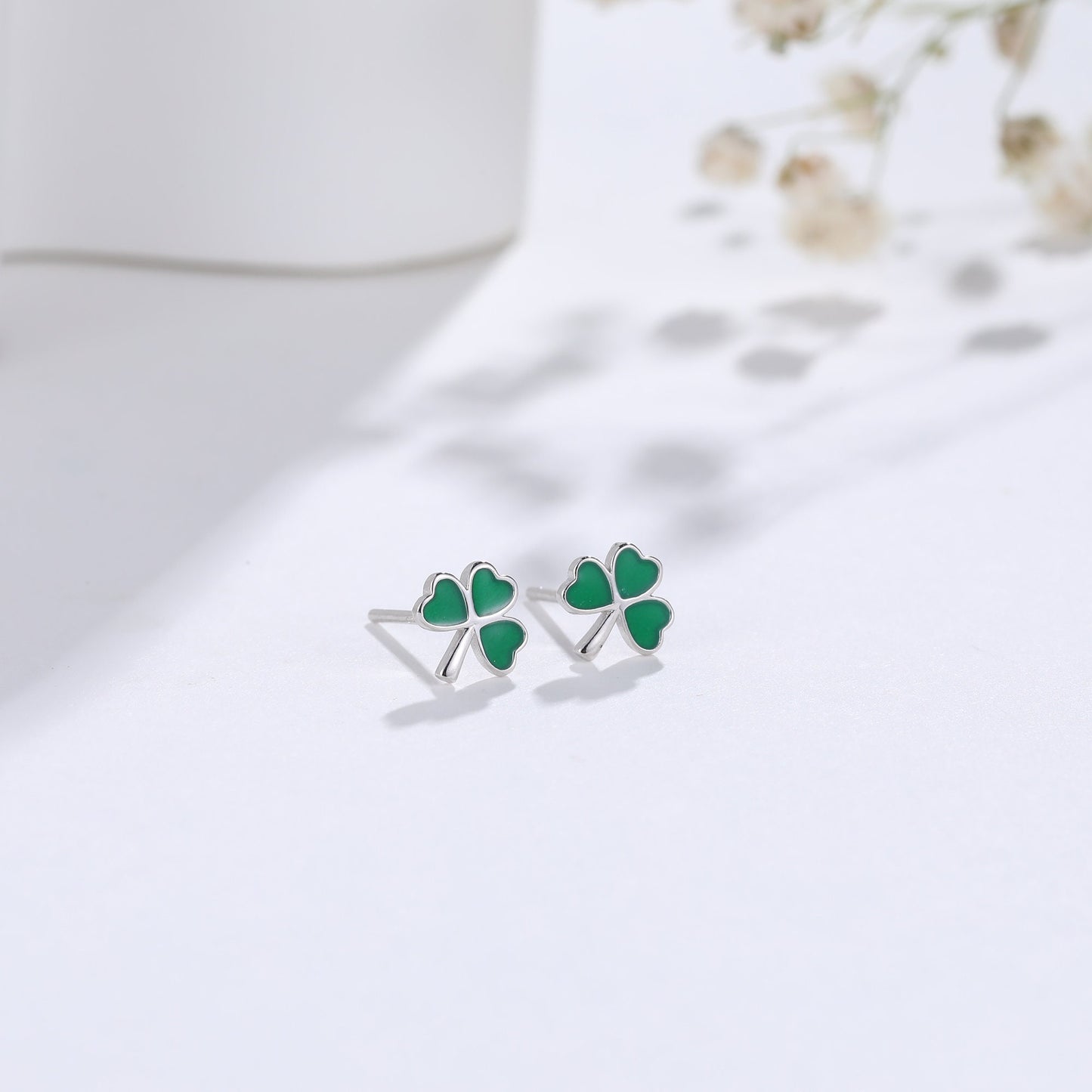 Shamrock Leaf Enamel Stud Earrings in Sterling Silver, Silver or Gold, Flower Earrings, Clover Earrings, Good Luck Gift
