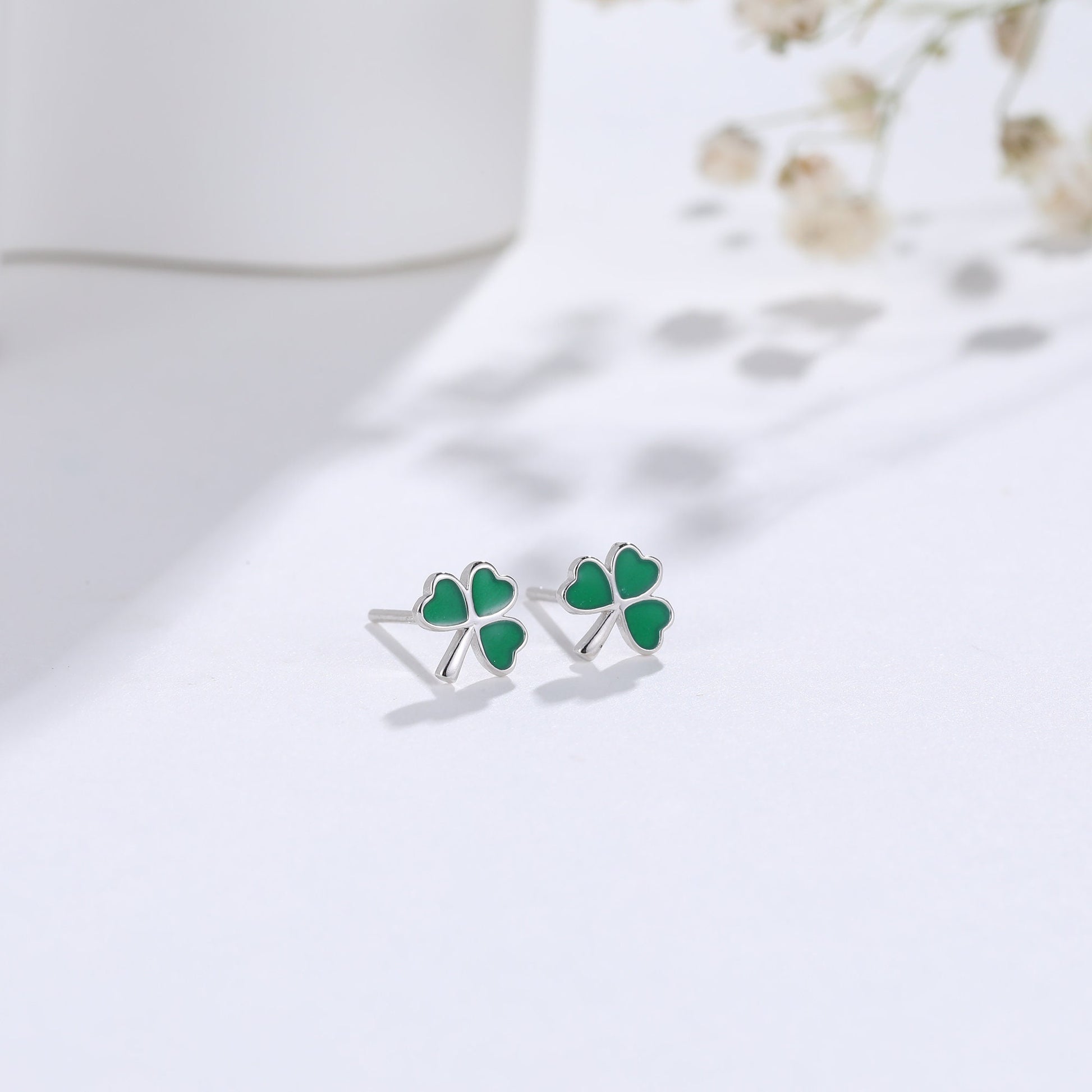 Shamrock Leaf Enamel Stud Earrings in Sterling Silver, Silver or Gold, Flower Earrings, Clover Earrings, Good Luck Gift