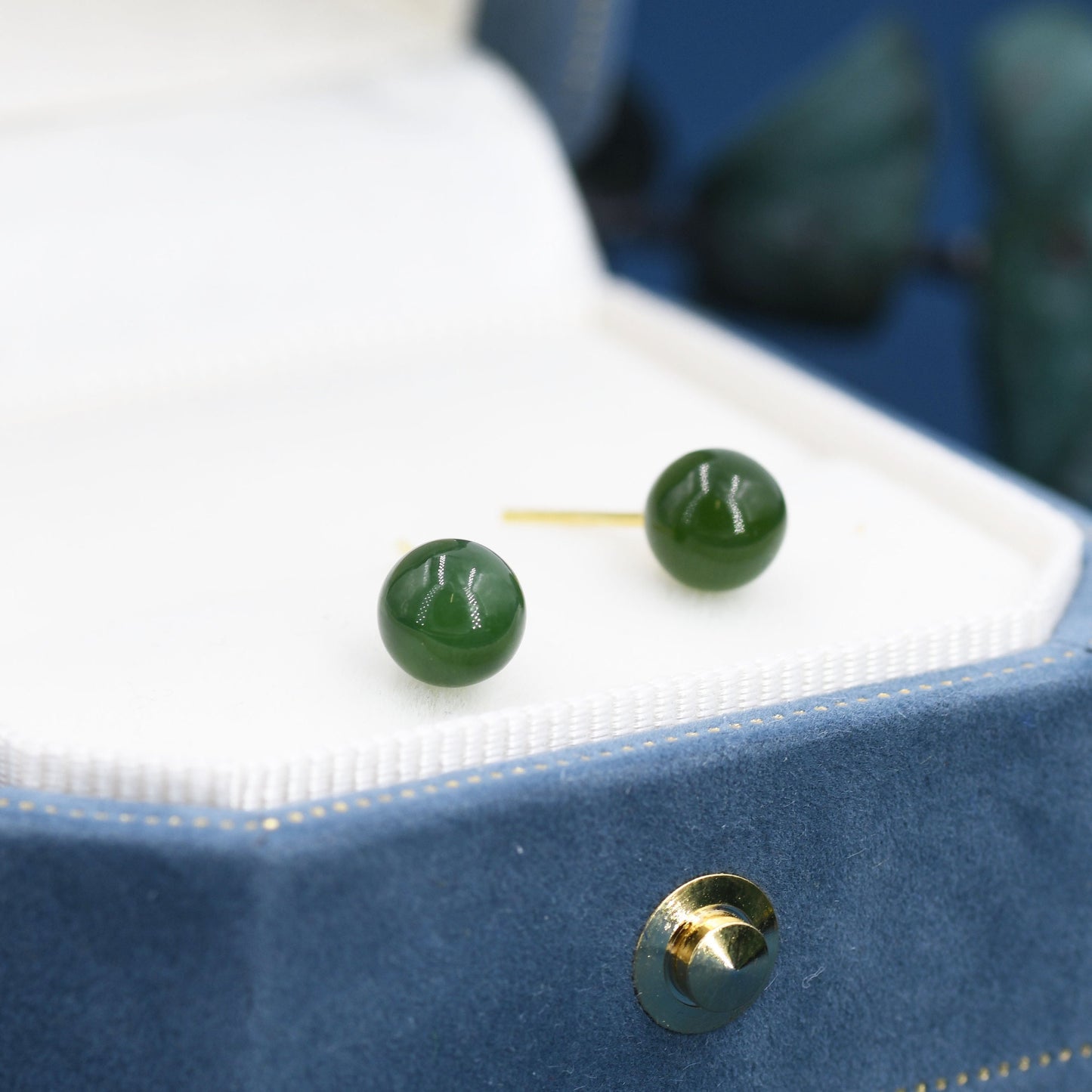 Natura Jasper Jade Stud Earrings in Sterling Silver with Gold Coating, Semi-Precious Gemstone Earrings, 6mm Jade Ball Earrings