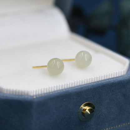 Natura Jasper Jade Stud Earrings in Sterling Silver with Gold Coating, Semi-Precious Gemstone Earrings, 6mm Jade Ball Earrings