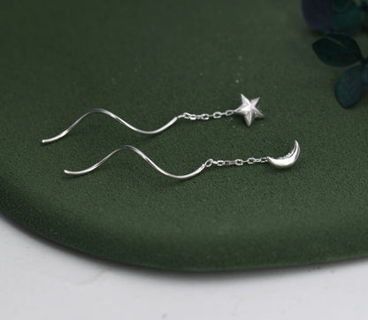 Moon and Star Threader Earrings in Sterling Silver, Mismatched Asymmetric Threader Earrings