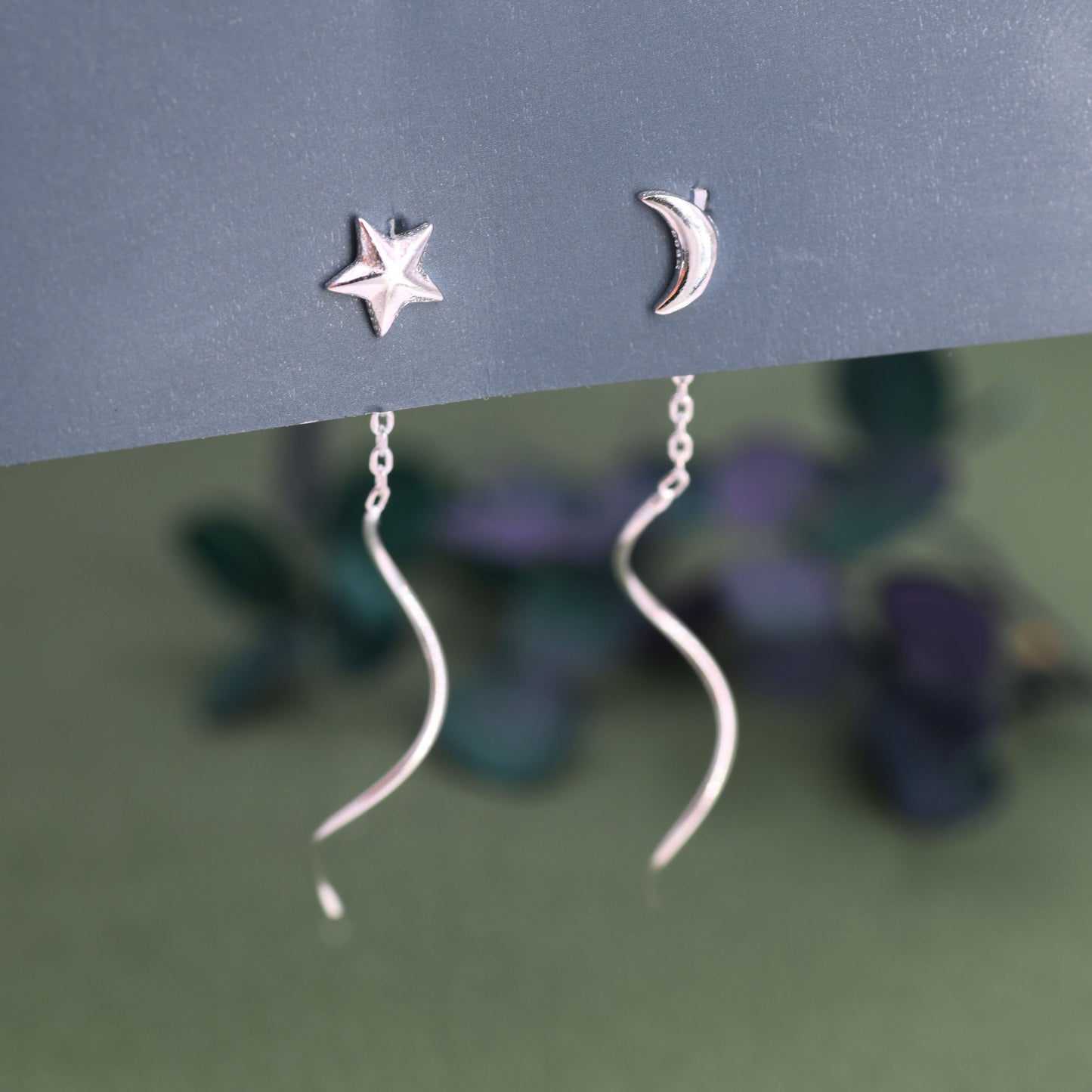 Moon and Star Threader Earrings in Sterling Silver, Mismatched Asymmetric Threader Earrings