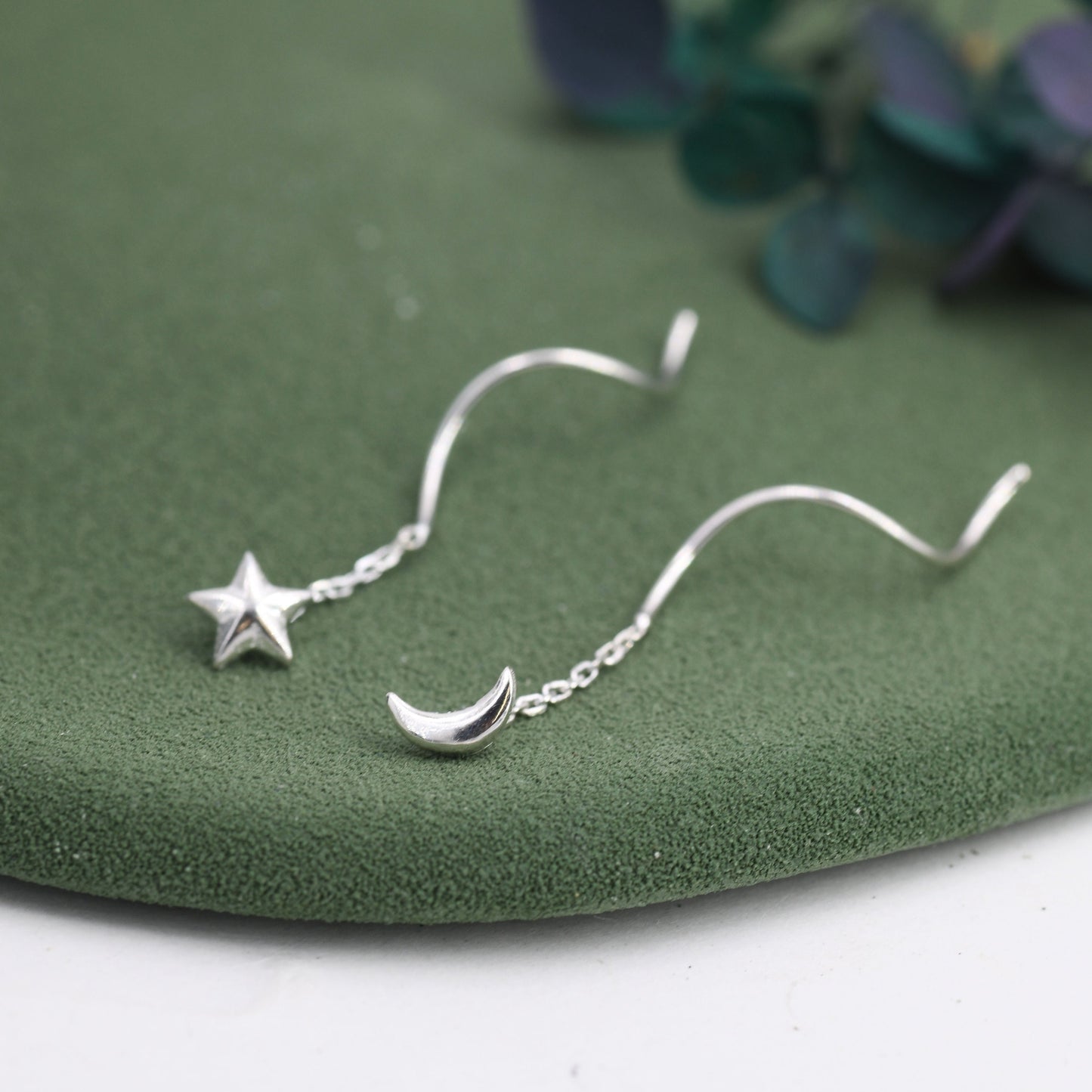 Moon and Star Threader Earrings in Sterling Silver, Mismatched Asymmetric Threader Earrings