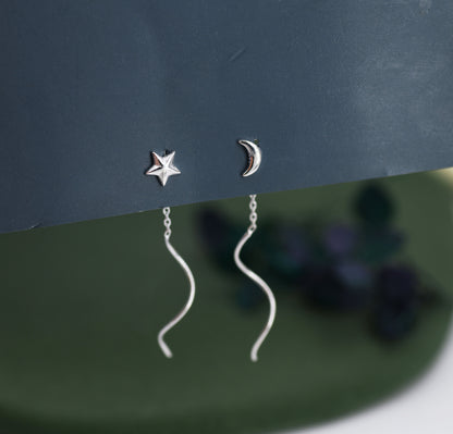 Moon and Star Threader Earrings in Sterling Silver, Mismatched Asymmetric Threader Earrings