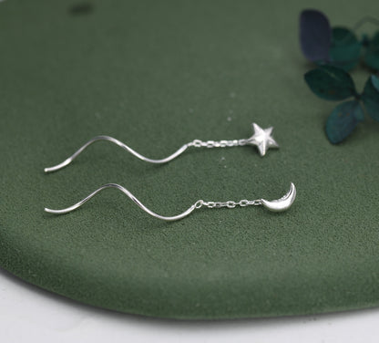 Moon and Star Threader Earrings in Sterling Silver, Mismatched Asymmetric Threader Earrings