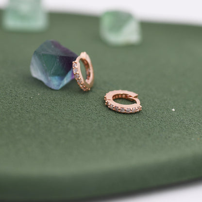 Double Sided CZ Huggie Hoops in Sterling Silver, 6mm, 8mm, 10mm and 12mm Clicker Hoops, Rose Gold or Gold, Simple Sleeper Hoop Earrings