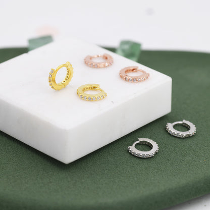 Double Sided CZ Huggie Hoops in Sterling Silver, 6mm, 8mm, 10mm and 12mm Clicker Hoops, Rose Gold or Gold, Simple Sleeper Hoop Earrings