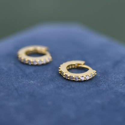 Double Sided CZ Huggie Hoops in Sterling Silver, 6mm, 8mm, 10mm and 12mm Clicker Hoops, Rose Gold or Gold, Simple Sleeper Hoop Earrings