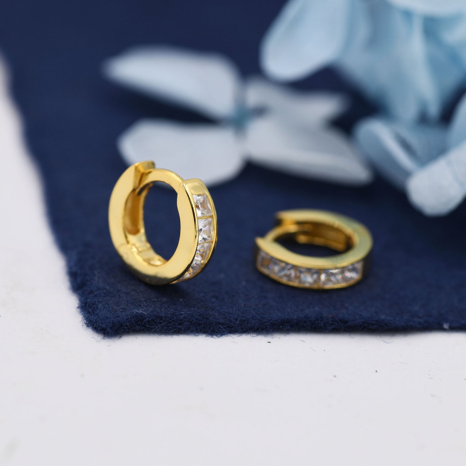 3mm CZ Huggie Hoop in Sterling Silver, Silver or Gold,  7mm Inner Diameter Hoop Earrings, May Birthstone, Princess Cut, Square CZ Hoops