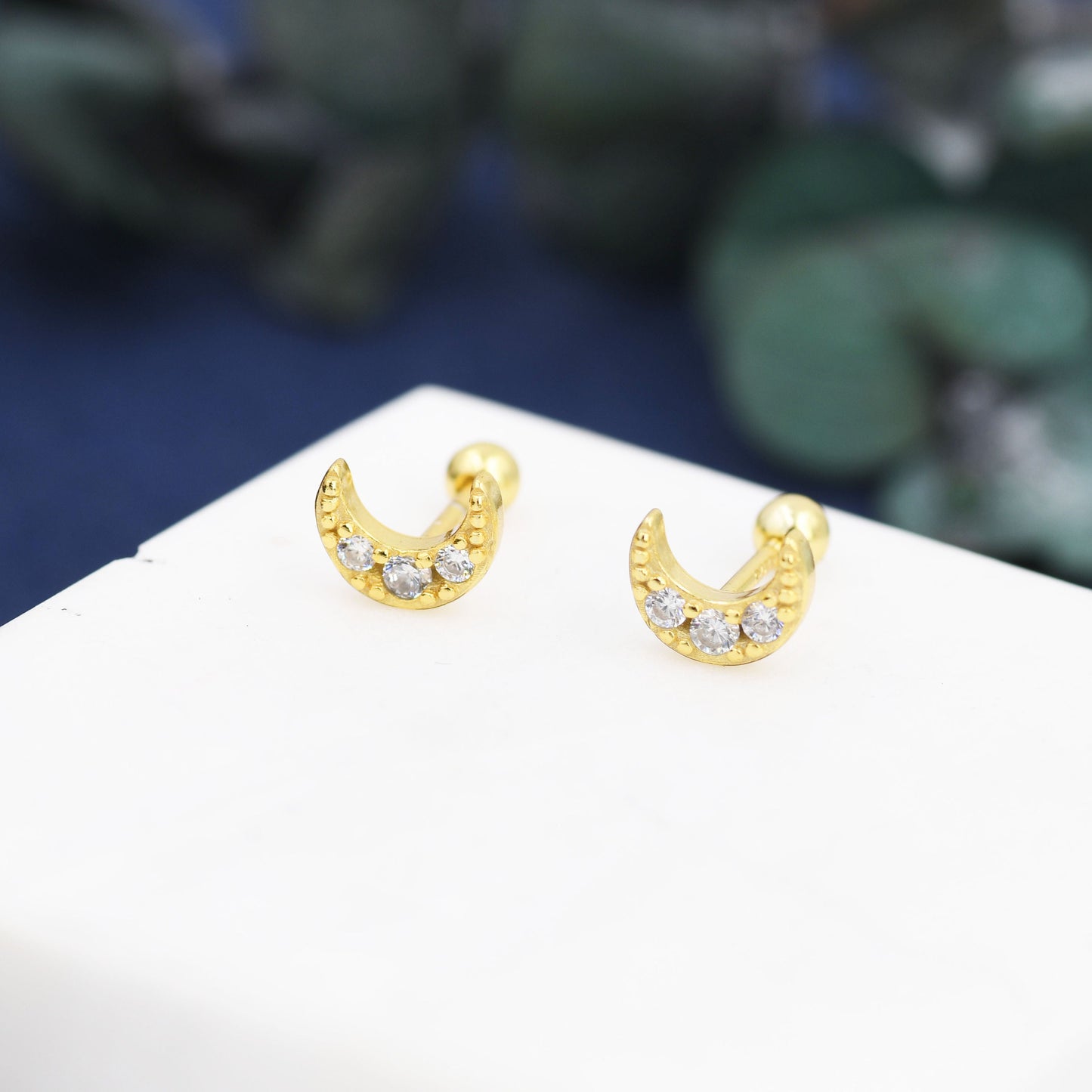 CZ Moon Screw Back Earrings in Sterling Silver, Silver or Gold, Silver Moon Earrings, Silver Moon Barbell Earrings