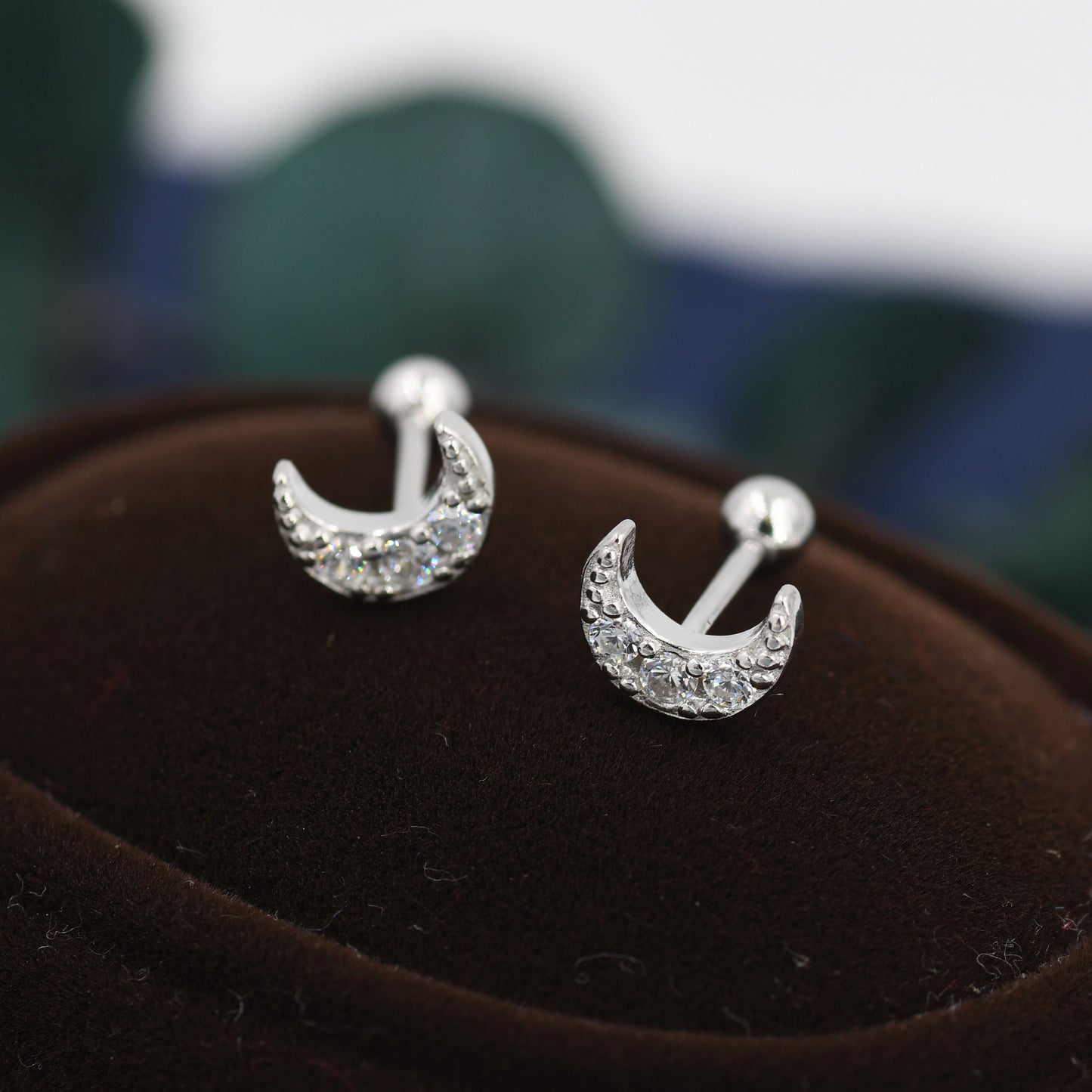 CZ Moon Screw Back Earrings in Sterling Silver, Silver or Gold, Silver Moon Earrings, Silver Moon Barbell Earrings