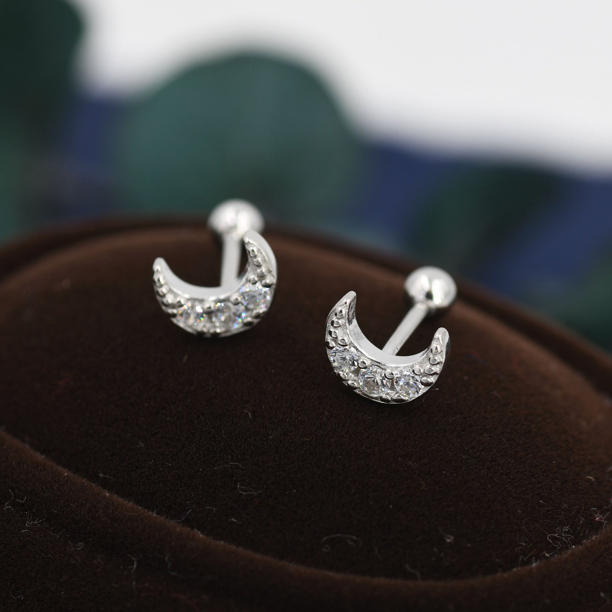 CZ Moon Screw Back Earrings in Sterling Silver, Silver or Gold, Silver Moon Earrings, Silver Moon Barbell Earrings