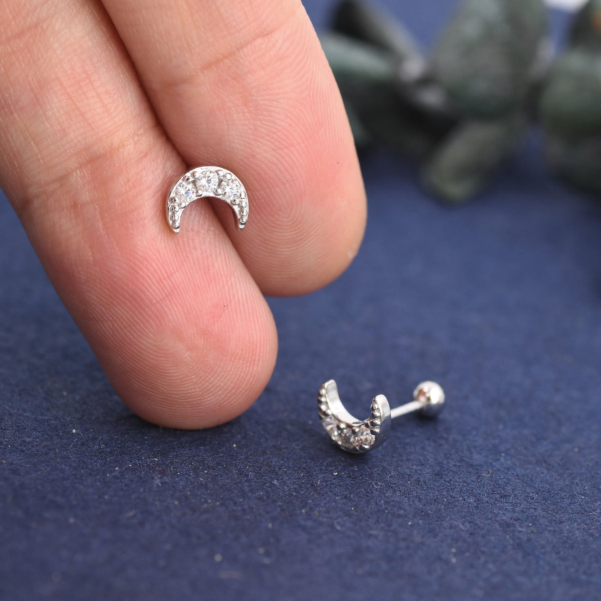 CZ Moon Screw Back Earrings in Sterling Silver, Silver or Gold, Silver Moon Earrings, Silver Moon Barbell Earrings