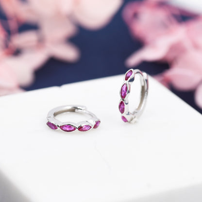 Ruby Pink Marquise CZ Huggie Hoop in Sterling Silver, Silver or Gold, Minimalist Simple Pink Hoop Earrings, Ruby Red