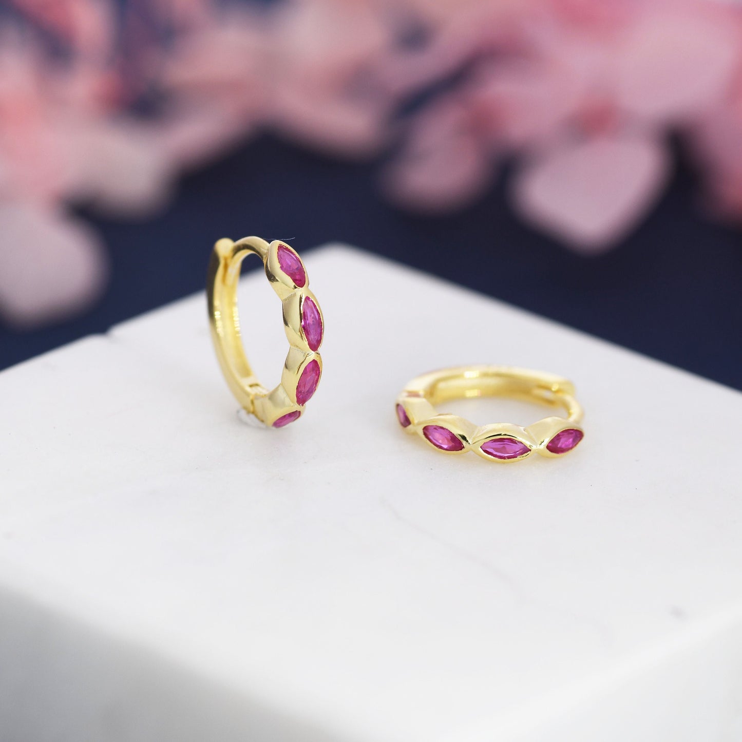 Ruby Pink Marquise CZ Huggie Hoop in Sterling Silver, Silver or Gold, Minimalist Simple Pink Hoop Earrings, Ruby Red