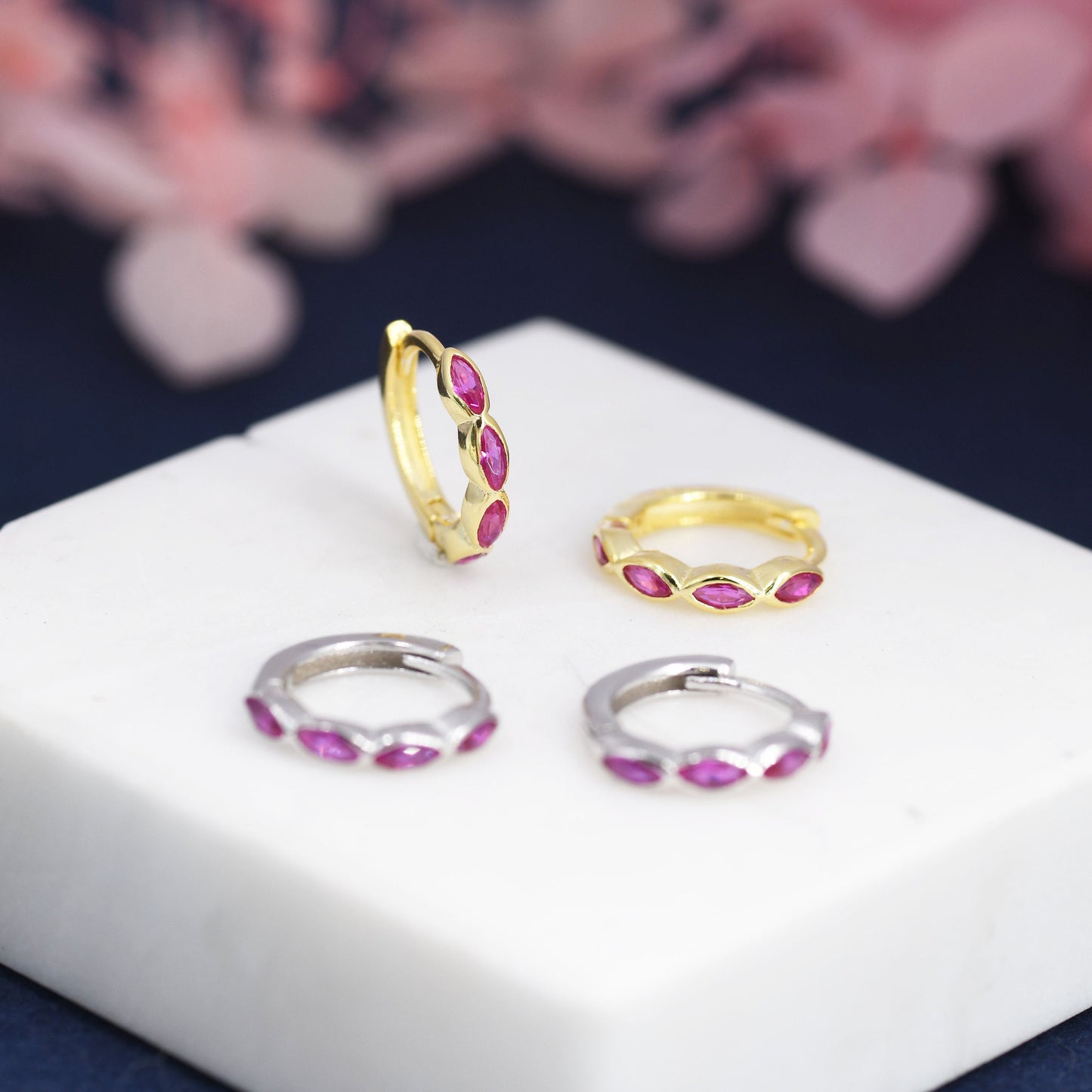 Ruby Pink Marquise CZ Huggie Hoop in Sterling Silver, Silver or Gold, Minimalist Simple Pink Hoop Earrings, Ruby Red