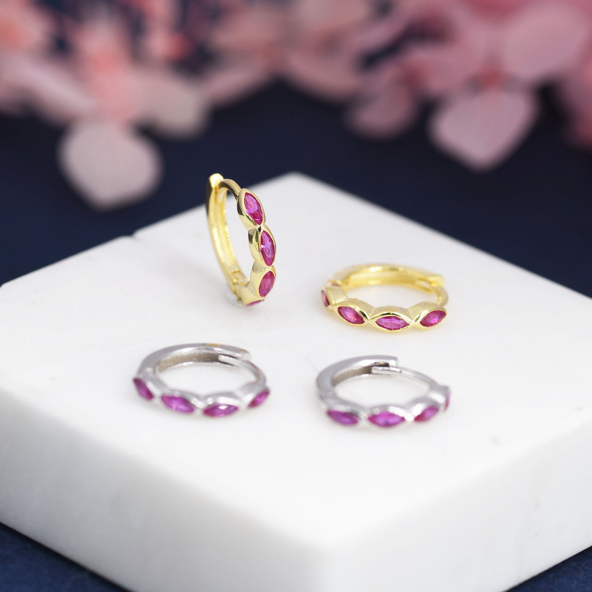 Ruby Pink Marquise CZ Huggie Hoop in Sterling Silver, Silver or Gold, Minimalist Simple Pink Hoop Earrings, Ruby Red