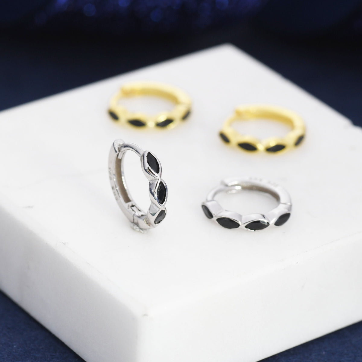 Black Marquise CZ Huggie Hoop in Sterling Silver, Silver or Gold, Minimalist Simple Black Hoop Earrings, Black Diamond Hoops
