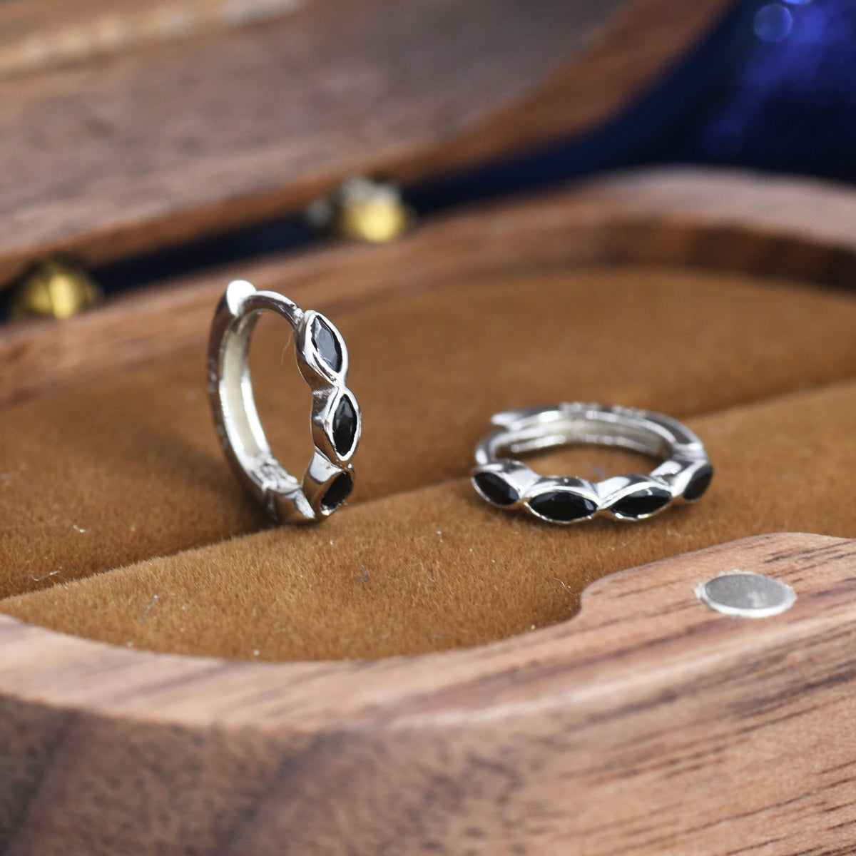 Black Marquise CZ Huggie Hoop in Sterling Silver, Silver or Gold, Minimalist Simple Black Hoop Earrings, Black Diamond Hoops