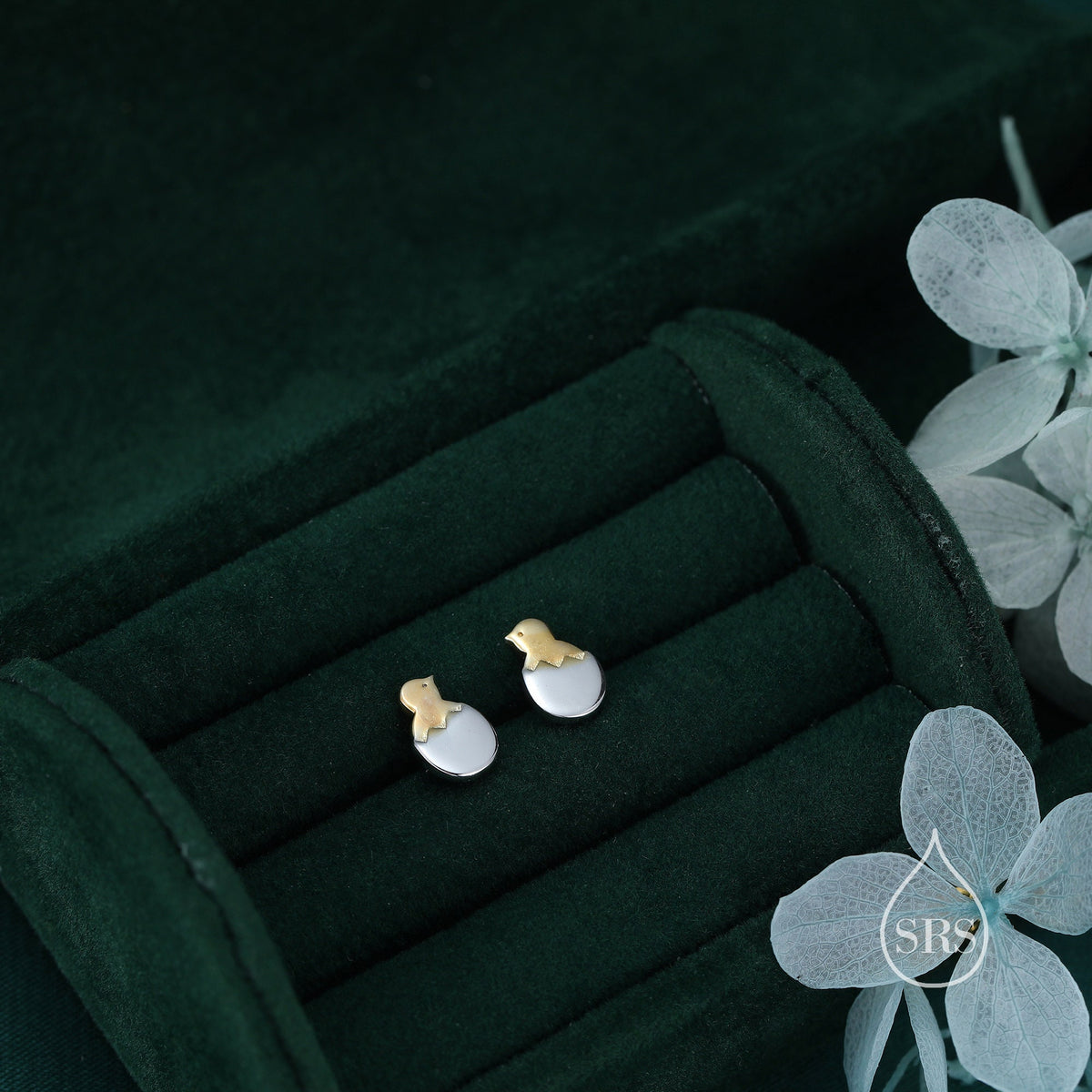 Chick and Egg Stud Earrings in Sterling Silver, Chicken Bird Earrings, Silver Chicken Stud, Silver and Gold, Bird Earrings