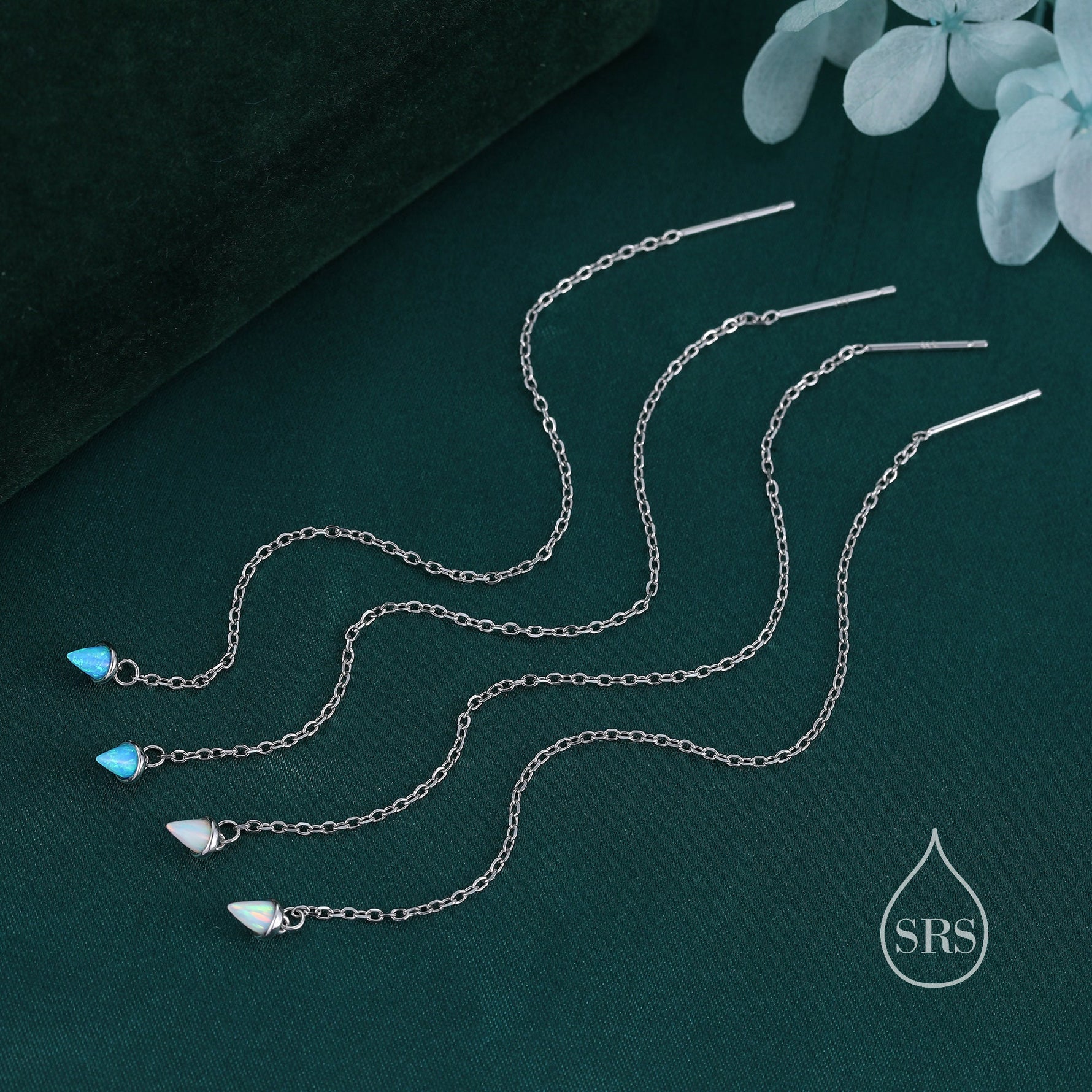 Tiny Opal Spike Threader Earrings in Sterling Silver, Opal Ear Threaders, Opal Earrings, Blue or White Opal, Ear Threaders