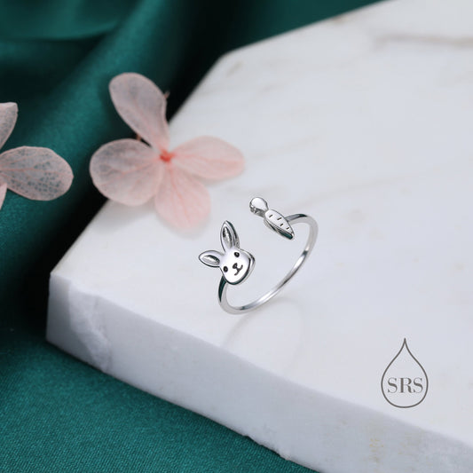 Super Cute Rabbit and Carrot Open Ring in Sterling Silver, Adjustable, Bunny and Carrot Ring, Rabbit Ring