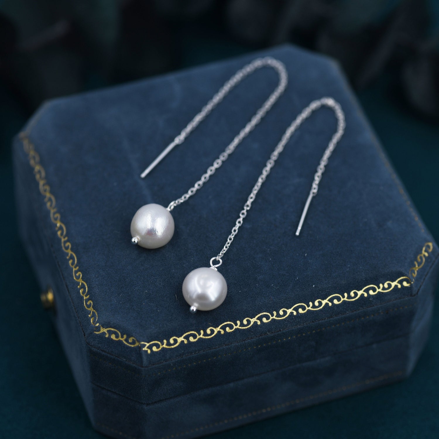 Genuine Fresh Water Pearl Threader Earrings in Sterling Silver, 9cm Long Ear Threaders, Natural Drop Baroque Pearl Ear Threaders,