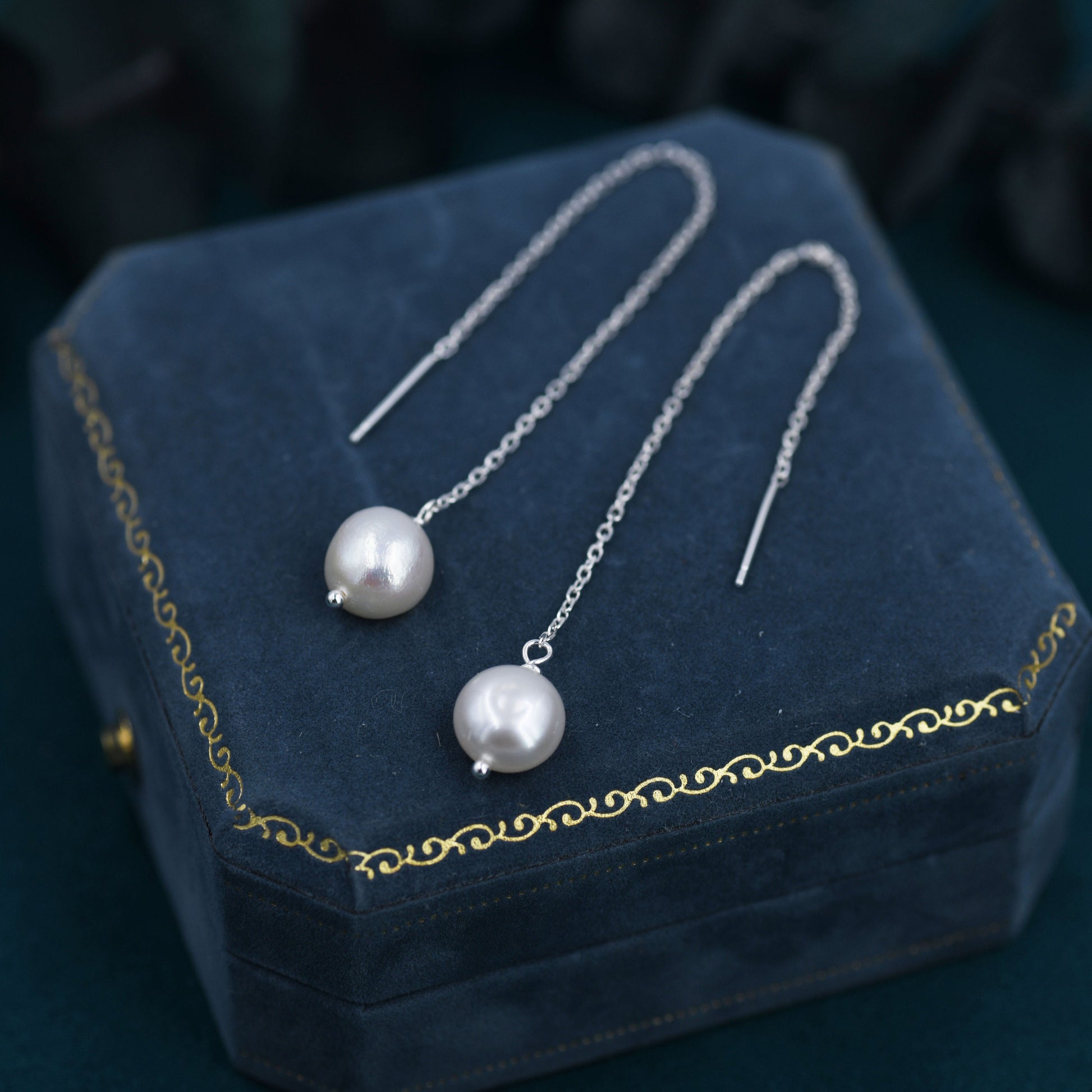 Genuine Fresh Water Pearl Threader Earrings in Sterling Silver, 9cm Long Ear Threaders, Natural Drop Baroque Pearl Ear Threaders,