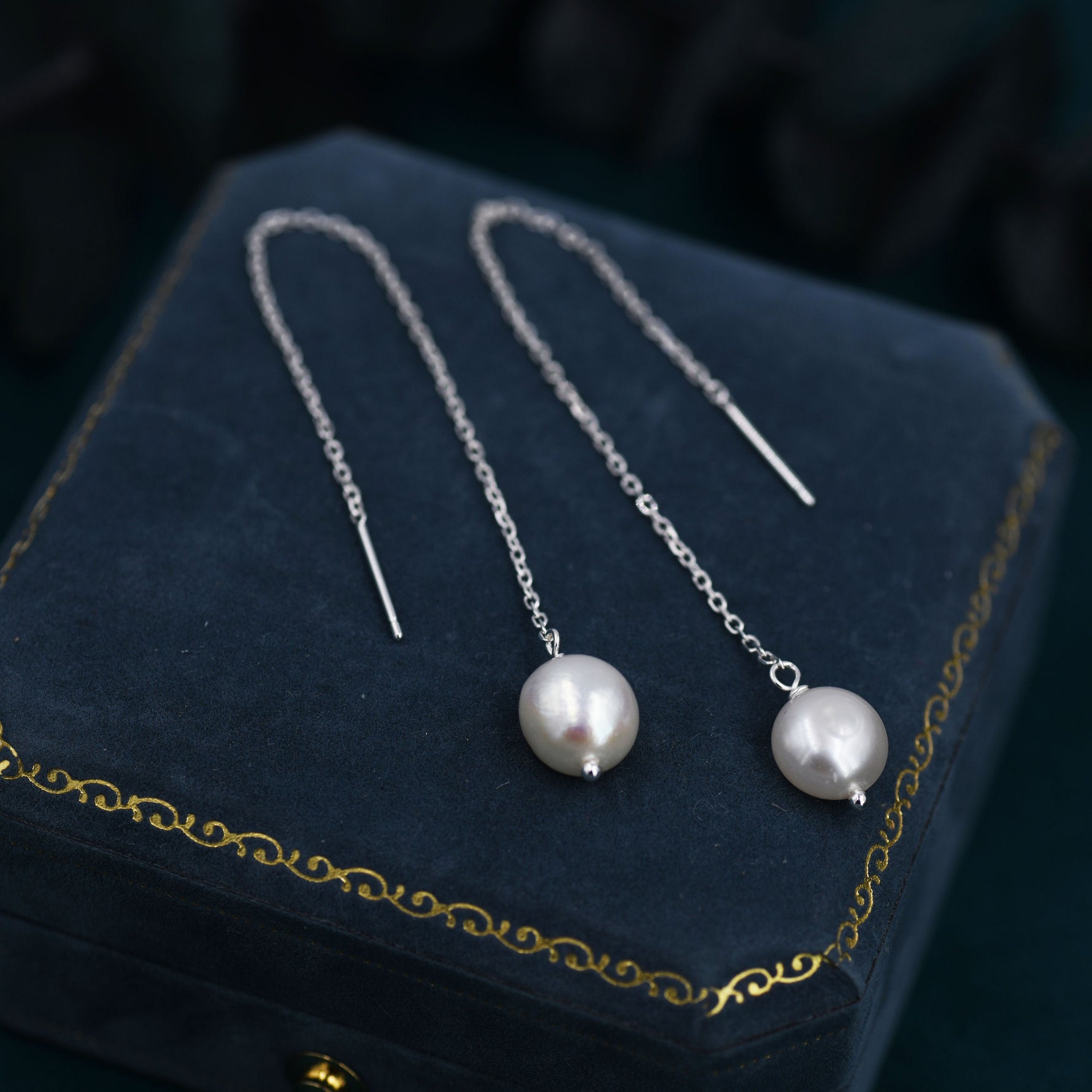 Genuine Fresh Water Pearl Threader Earrings in Sterling Silver, 9cm Long Ear Threaders, Natural Drop Baroque Pearl Ear Threaders,