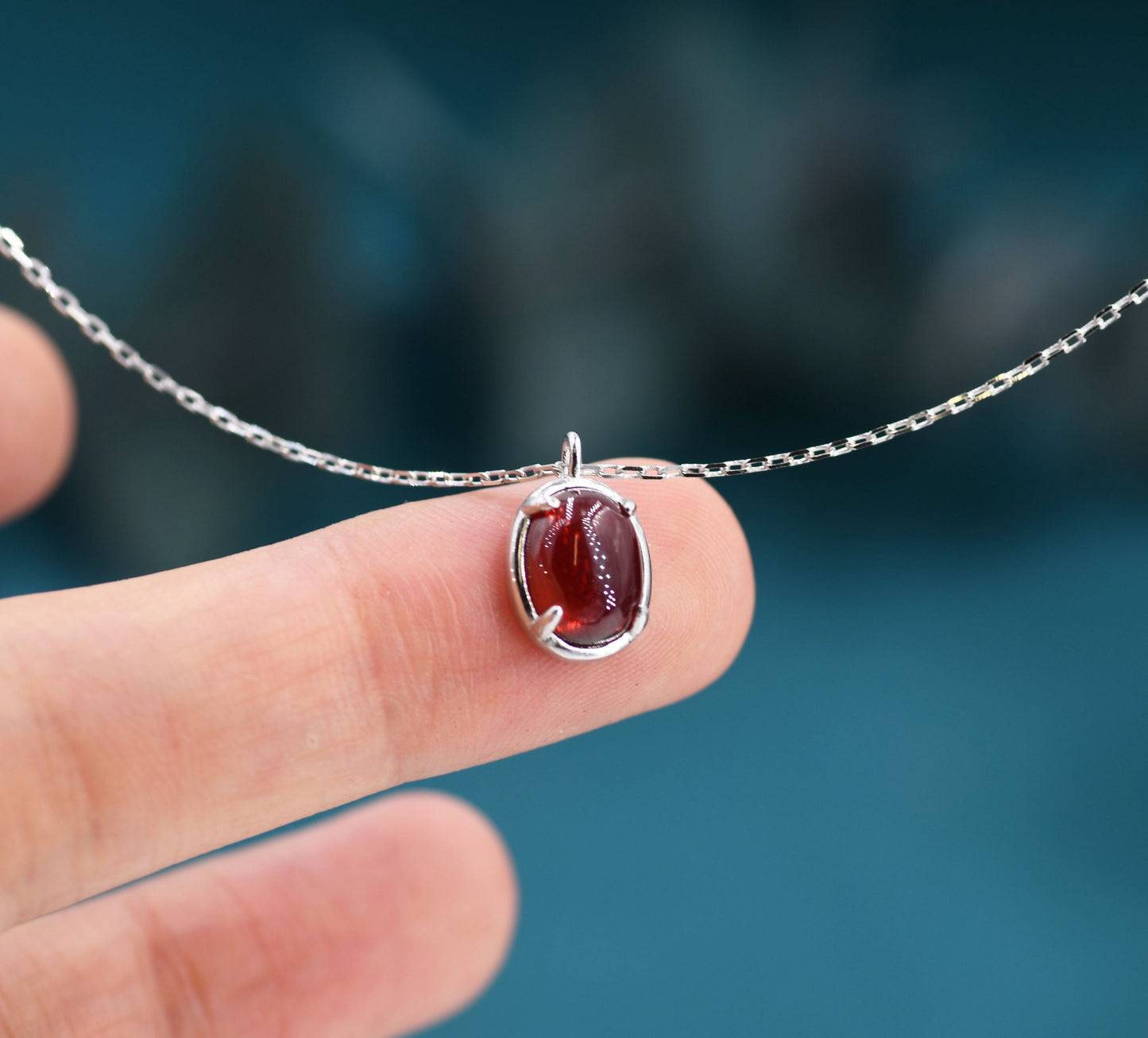 Genuine Garnet Crystal Oval Necklace in Sterling Silver, Oval Cabochon Natural Garnet Stone Necklace, January Birthstone