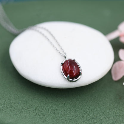 Genuine Garnet Crystal Oval Necklace in Sterling Silver, Oval Cabochon Natural Garnet Stone Necklace, January Birthstone