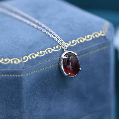 Genuine Garnet Crystal Oval Necklace in Sterling Silver, Oval Cabochon Natural Garnet Stone Necklace, January Birthstone