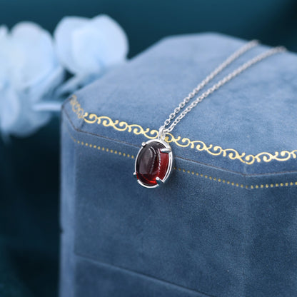 Genuine Garnet Crystal Oval Necklace in Sterling Silver, Oval Cabochon Natural Garnet Stone Necklace, January Birthstone