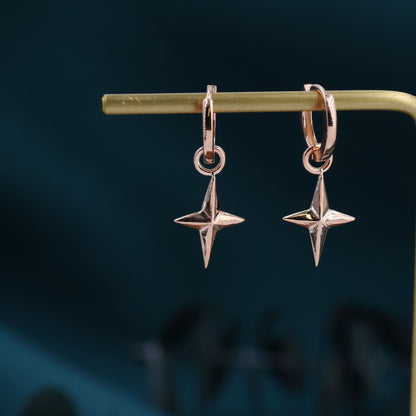 Sterling Silver Chunky Star Huggie Hoop Earrings, Detachable Cross Charm, Cross Dangle Hoop Earrings, Silver, Gold or Rose Gold