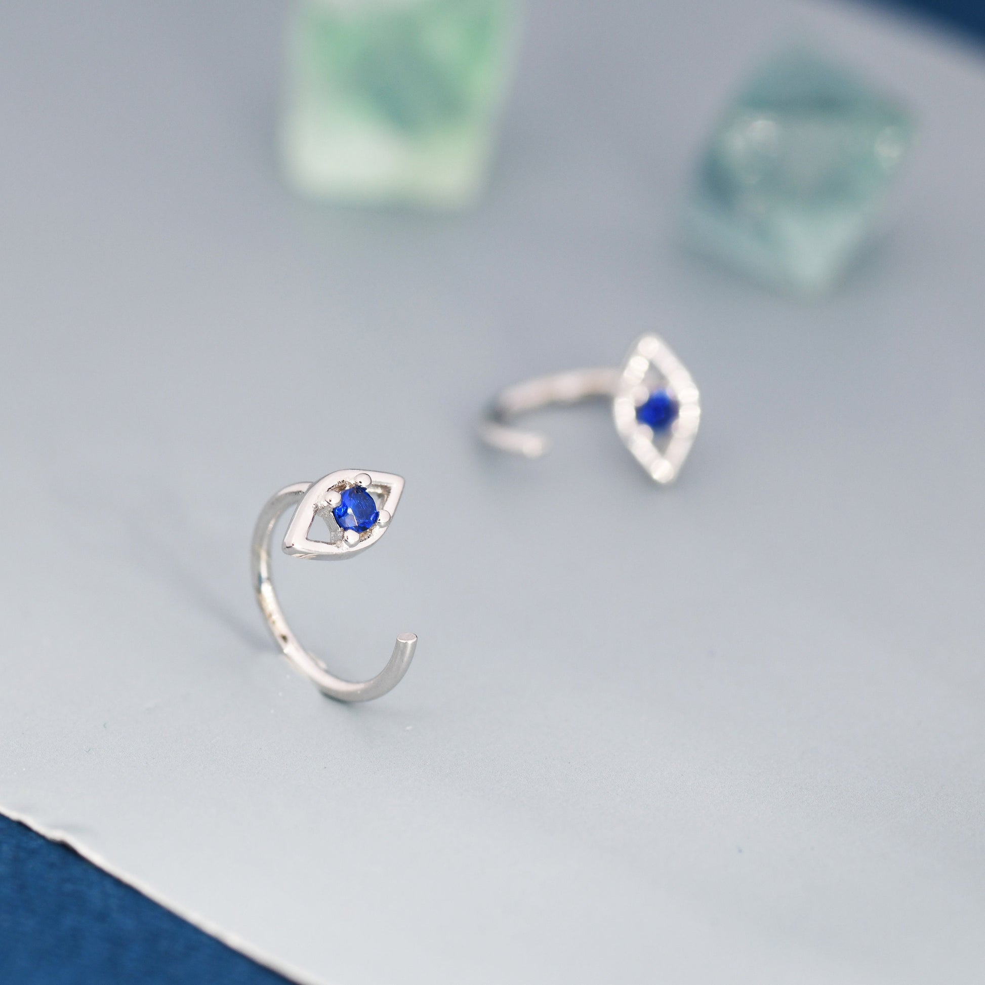 Evil Eye CZ Huggie Hoop Earrings in Sterling Silver, Silver or Gold, Open Threader, Threader Hoop, Open Hoops, C shape Earrings