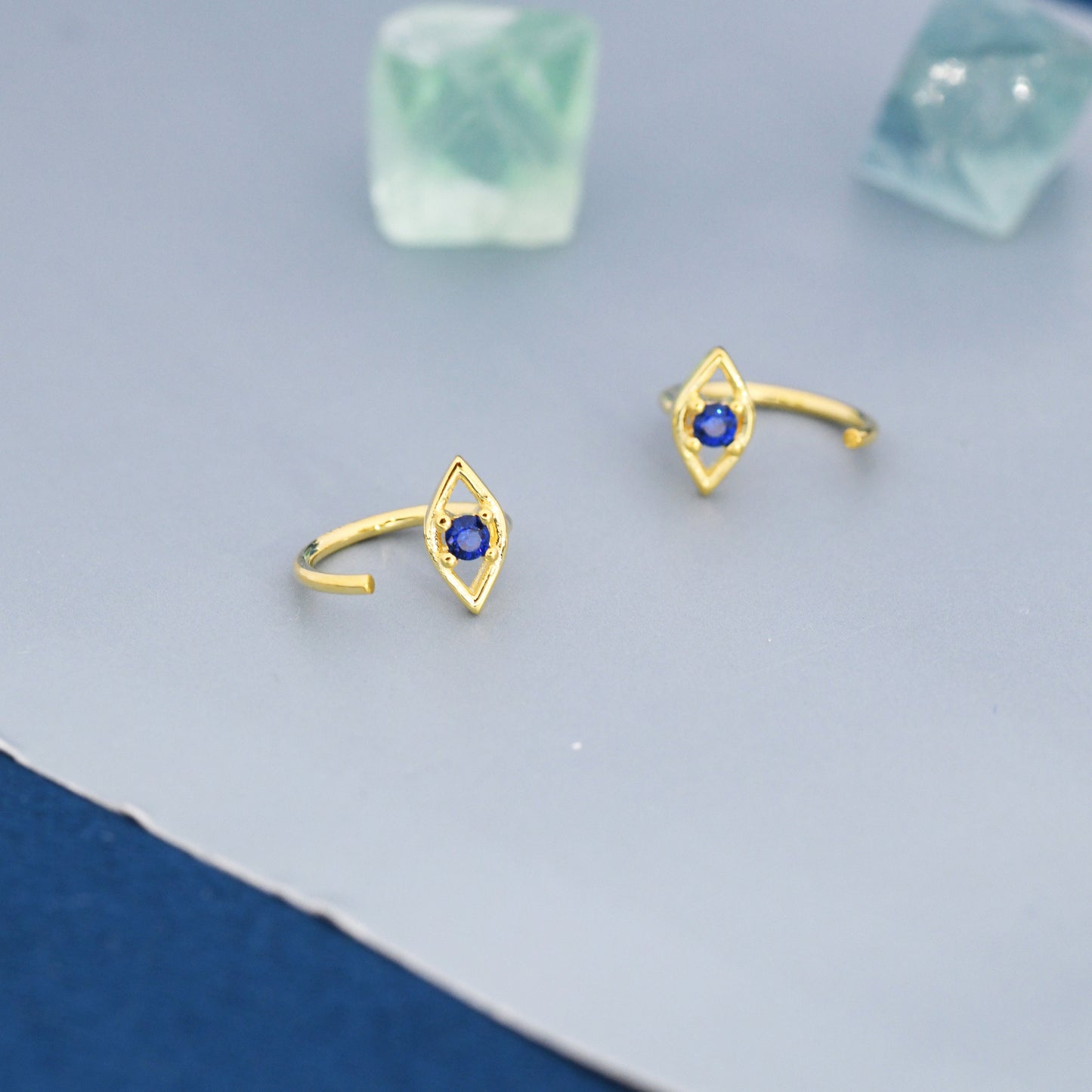 Evil Eye CZ Huggie Hoop Earrings in Sterling Silver, Silver or Gold, Open Threader, Threader Hoop, Open Hoops, C shape Earrings