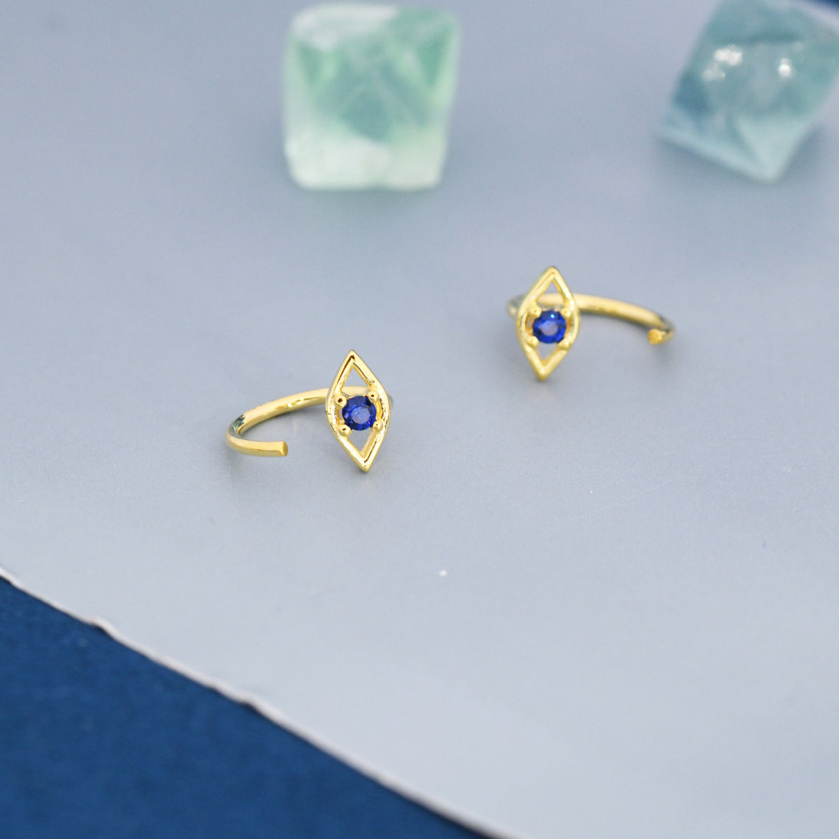 Evil Eye Sapphire Blue CZ 18G Open Hoop Earrings