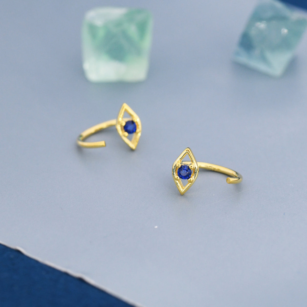 Evil Eye Sapphire Blue CZ 18G Open Hoop Earrings
