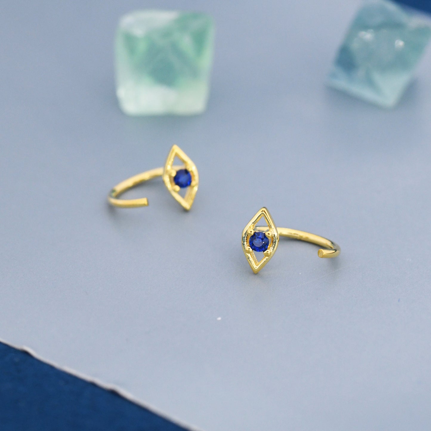 Evil Eye CZ Huggie Hoop Earrings in Sterling Silver, Silver or Gold, Open Threader, Threader Hoop, Open Hoops, C shape Earrings