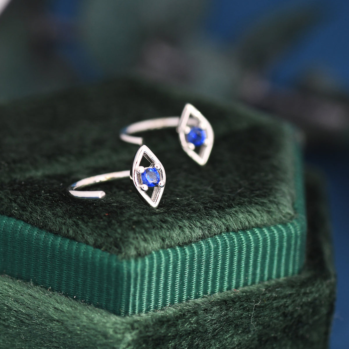 Evil Eye Sapphire Blue CZ 18G Open Hoop Earrings