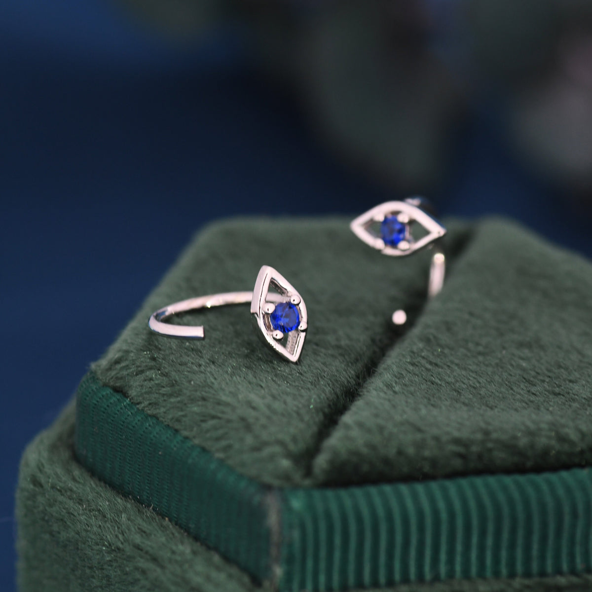 Evil Eye Sapphire Blue CZ 18G Open Hoop Earrings