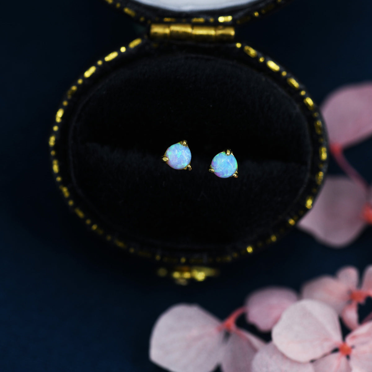 Sterling Silver Tiny Little Blue Opal Stud Earrings, 3mm Opal Stud, Gold or Silver, Lab Opal, Three Prong, Semi-precious Jewellery