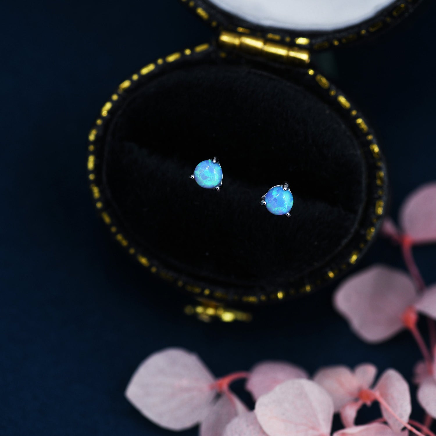 Sterling Silver Tiny Little Blue Opal Stud Earrings, 3mm Opal Stud, Gold or Silver, Lab Opal, Three Prong, Semi-precious Jewellery