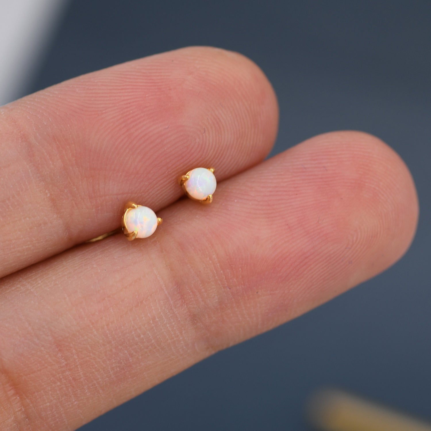 Sterling Silver Tiny Little Opal Stud Earrings,  3mm White Opal Stud, Gold or Silver, Three Prong, Semi-precious Jewellery