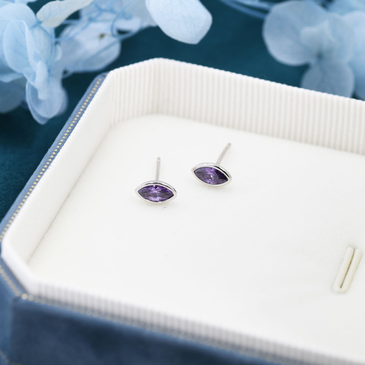 Amethyst Purple Marquise CZ Stud Earrings in Sterling Silver, Tiny Amethyst Stud, Tiny Purple Stud, February Birthstone