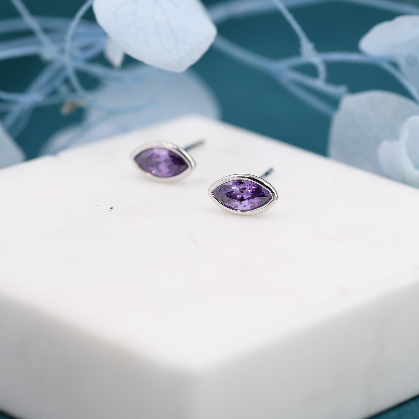 Amethyst Purple Marquise CZ Stud Earrings in Sterling Silver, Tiny Amethyst Stud, Tiny Purple Stud, February Birthstone