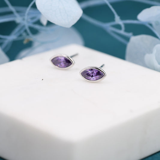 Amethyst Purple Marquise CZ Stud Earrings in Sterling Silver, Tiny Amethyst Stud, Tiny Purple Stud, February Birthstone